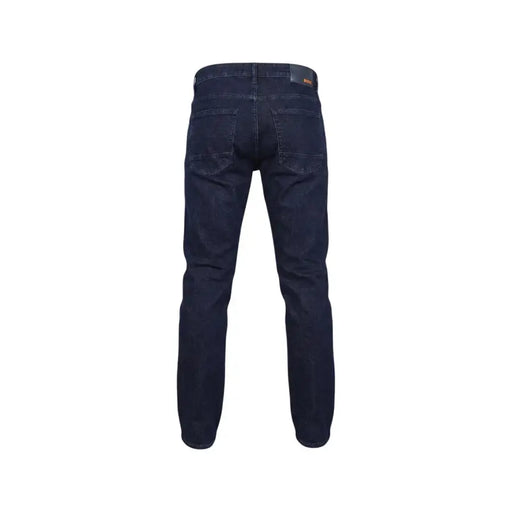 Jean Boss pour homme, coupe classique, en coton stretch bleu indigo foncé, avec jambe droite et délavage subtil.
