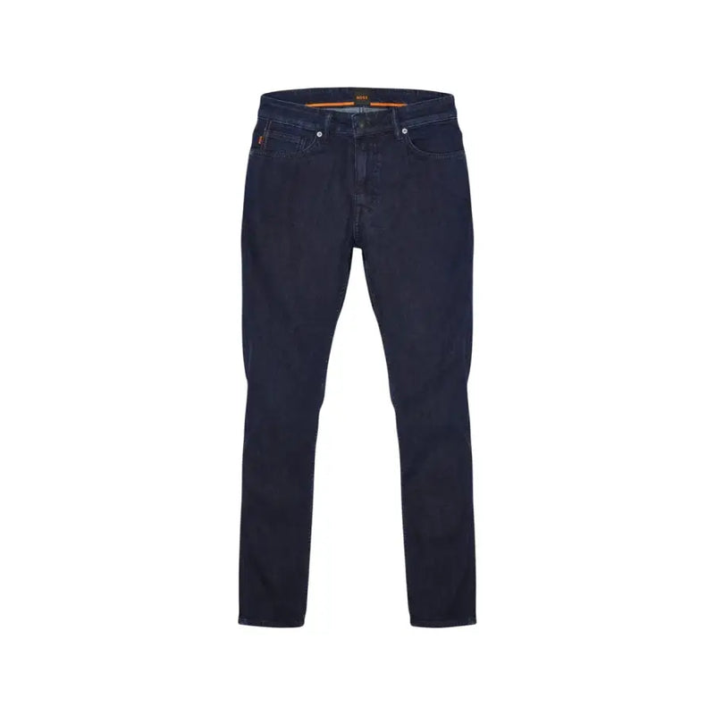 Jean Boss pour homme, bleu coton stretch, coupe classique slim, denim indigo foncé avec délavage subtil aux cuisses