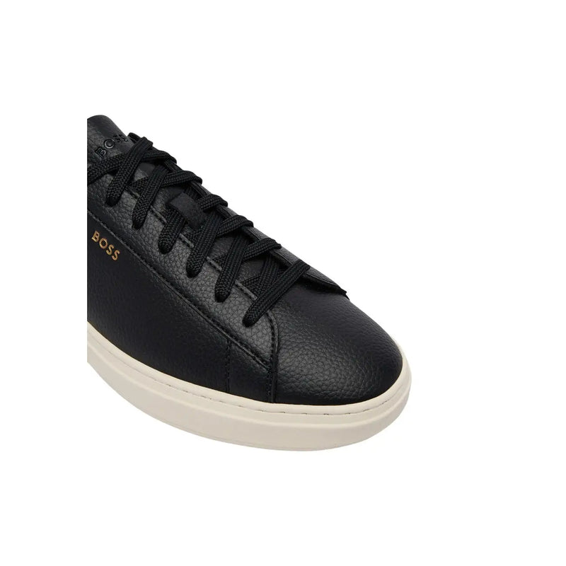 Black leather boss men lace up sneakers with textured upper and white rubber sole for sporty use