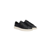 Boss men leather sneakers black lace up sporty shoes with black leather low top and white rubber sole with gold branding