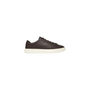 Boss men leather sneakers black lace up sporty shoes in dark brown leather with white rubber sole and black laces