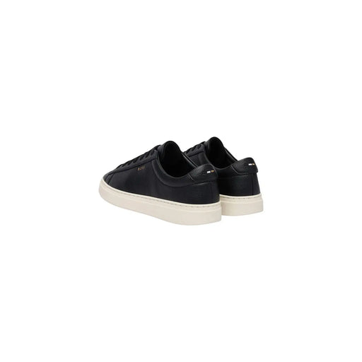 Black leather low-top boss men leather sneakers with white rubber sole and subtle heel branding shown from the back