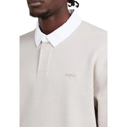 Polo homme Boss à manches longues, gris anthracite mélangé, en tissu texturé beige, col blanc et broderie Boss