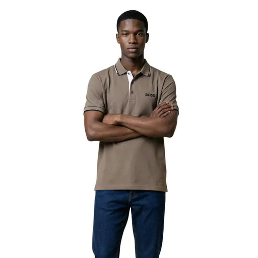 Boss men polo shirt grey cotton blend short sleeve with taupe color white collar and black trim on placket and cuffs