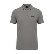 Polo Boss pour homme, gris anthracite, manches courtes, taille L, avec finitions noires et détails discrets. Hugo Logo Boss sur le devant