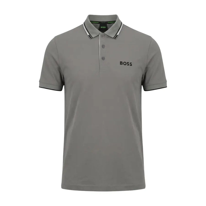Polo Boss pour homme, gris anthracite, manches courtes, taille L, avec finitions noires et détails discrets. Hugo Logo Boss sur le devant