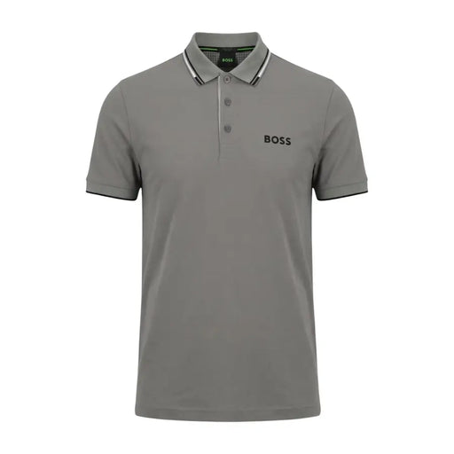 Polo Boss pour homme, gris anthracite, manches courtes, taille L, avec finitions noires et détails discrets. Hugo Logo Boss sur le devant