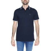 Polo Boss pour homme, bleu marine, en coton et élasthanne, manches courtes, finitions blanches et logo noir sur la poitrine.