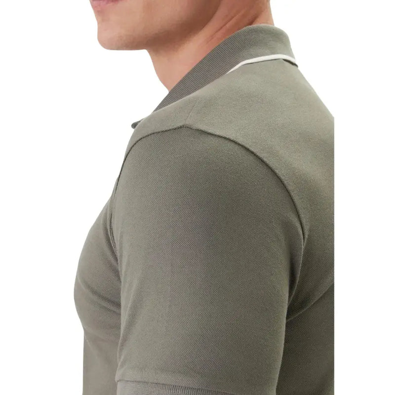 Polo Boss pour homme, vert olive, en coton et élasthanne, avec liseré blanc au col et aux poignets, manches courtes