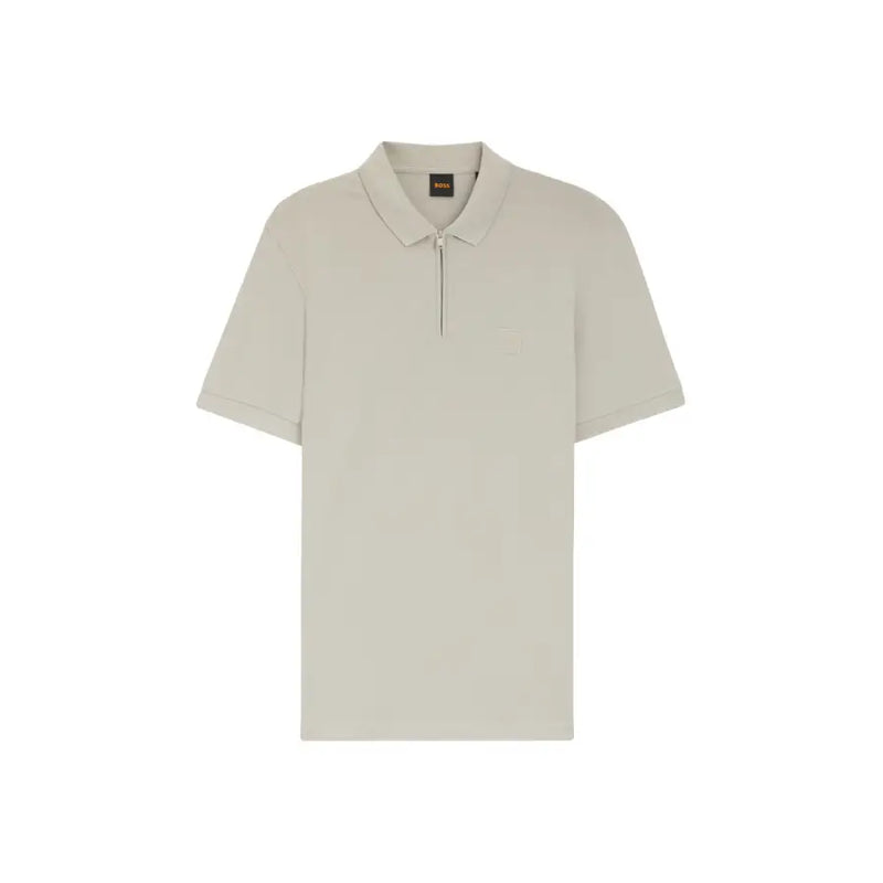 Polo beige pour homme, en coton, à manches courtes et fermeture éclair discrète, logo minimaliste.