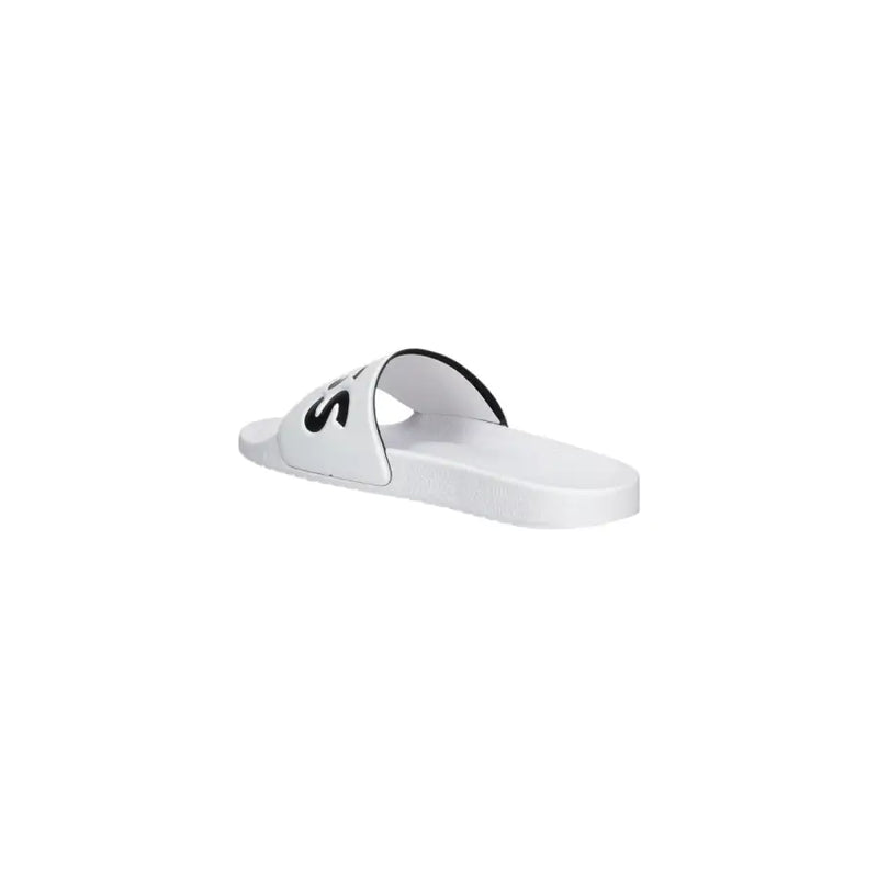 Sandales blanches Boss pour homme, avec logo noir imprimé sur une bride en PVC, conçues pour le printemps et l'été.