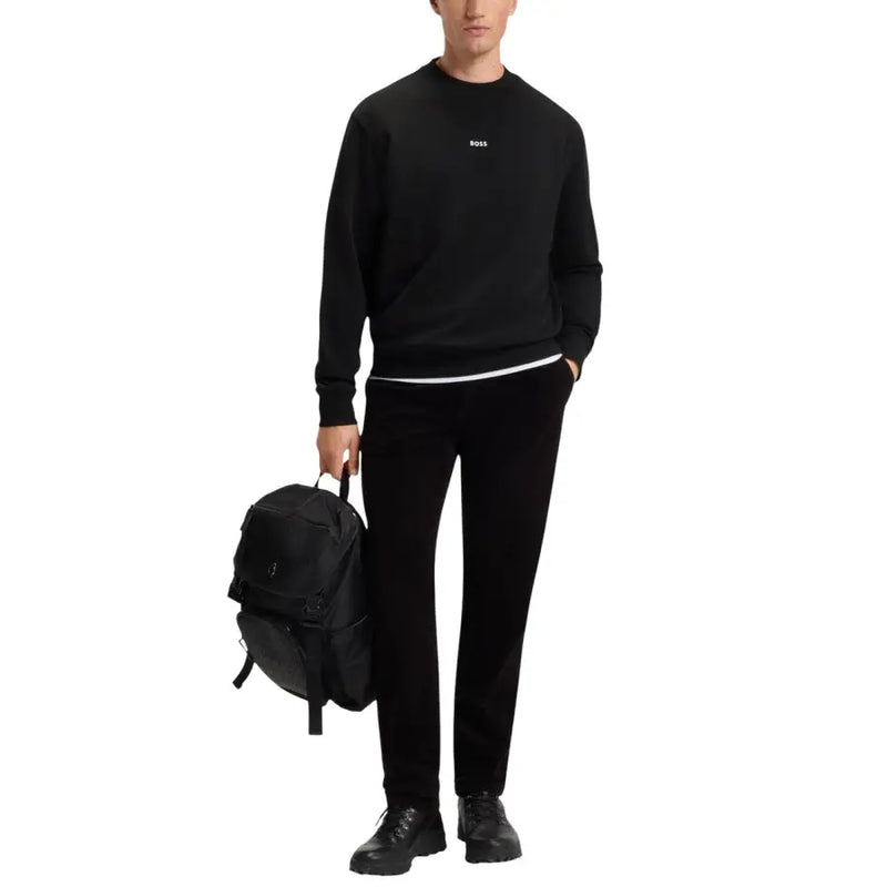 Sweat-shirt noir pour homme, style « Boss », avec ourlet blanc et petit logo sur la poitrine, 100 % coton, manches longues et col rond.
