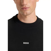 Sweat-shirt noir pour homme, col rond côtelé, manches longues 100 % coton et logo brodé blanc discret