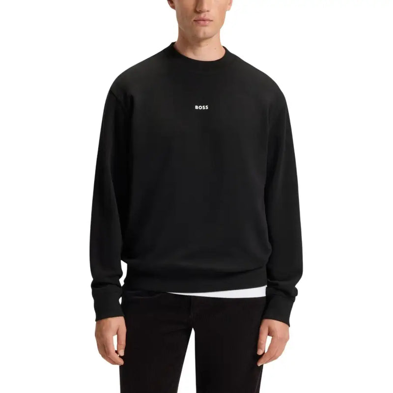 Sweat-shirt noir pour homme, modèle Boss, avec logo blanc discret sur la poitrine, 100 % coton, manches longues et col rond.