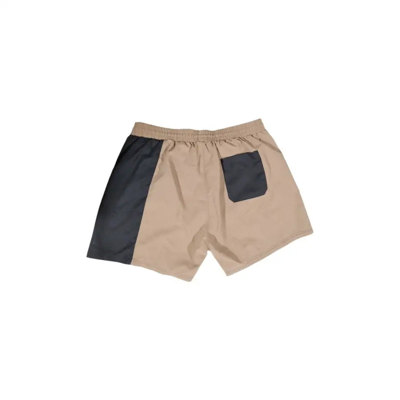Maillot de bain homme Boss, short de bain bicolore beige et noir en polyester avec poche latérale, idéal pour l'automne et l'hiver.