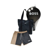 Short de bain homme Boss beige et noir bicolore en polyester avec cordon de serrage blanc et logo Boss sur le côté