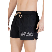 Short de bain homme Black Boss en polyamide avec logo blanc et poches à lacets couleur camel