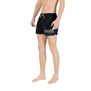 Short de bain homme Boss en polyamide noir avec logo blanc et poches à cordon de serrage beiges