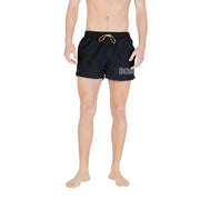 Boss men swimwear black swim trunks with white logo and beige drawstring designed for comfortable beachwear