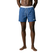 Blue Boss men swimwear swim trunks with white elastic waistband and drawstring for beach and pool use