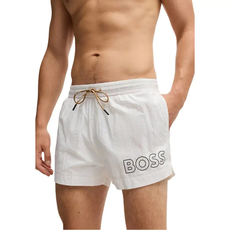 White Boss men swimwear trunks with drawstring waistband and black outlined logo on the leg for swimming use