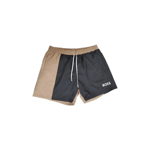 Boss men swimwear beige and black two-tone swim trunks with white drawstring and boss logo on the leg