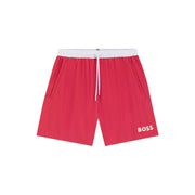 Bright red Boss men swimwear swim trunks with a white elastic waistband and matching drawstring for swimming