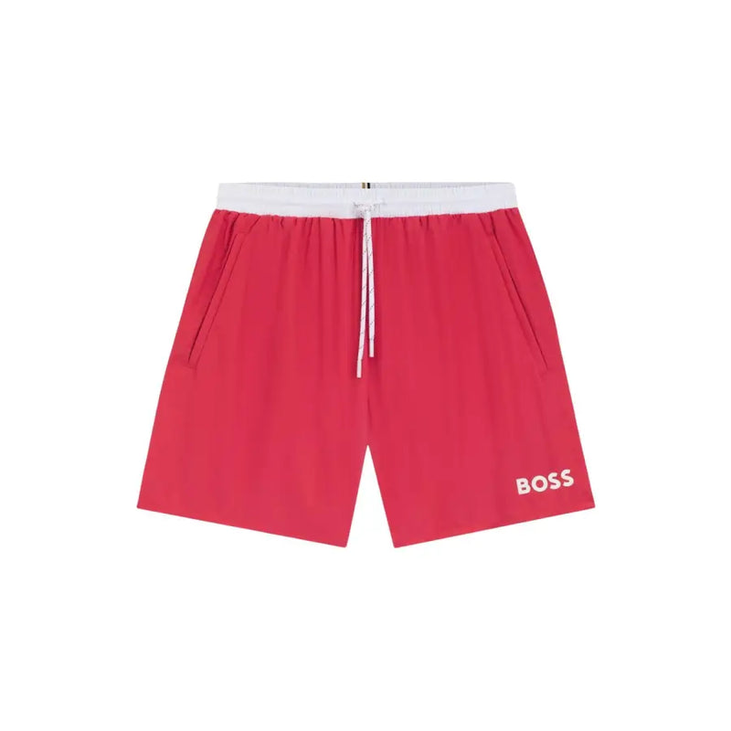 Bright red Boss men swimwear swim trunks with a white elastic waistband and matching drawstring for swimming