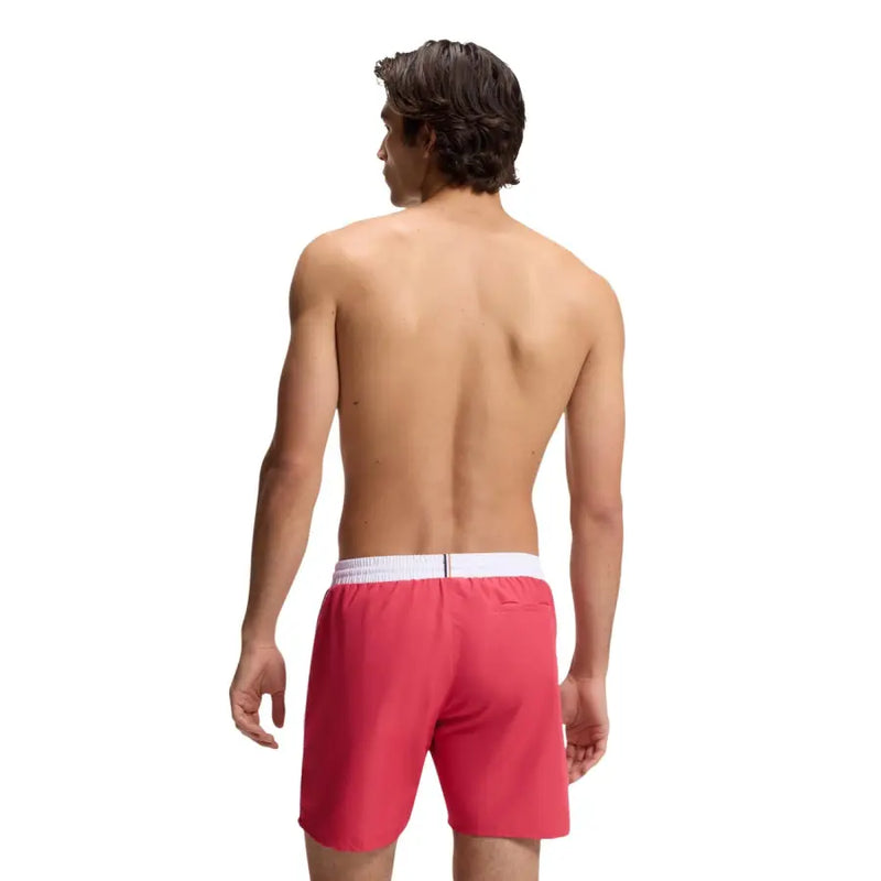 Boss men swimwear bright red swim trunks with white elastic waistband designed for comfortable beachwear