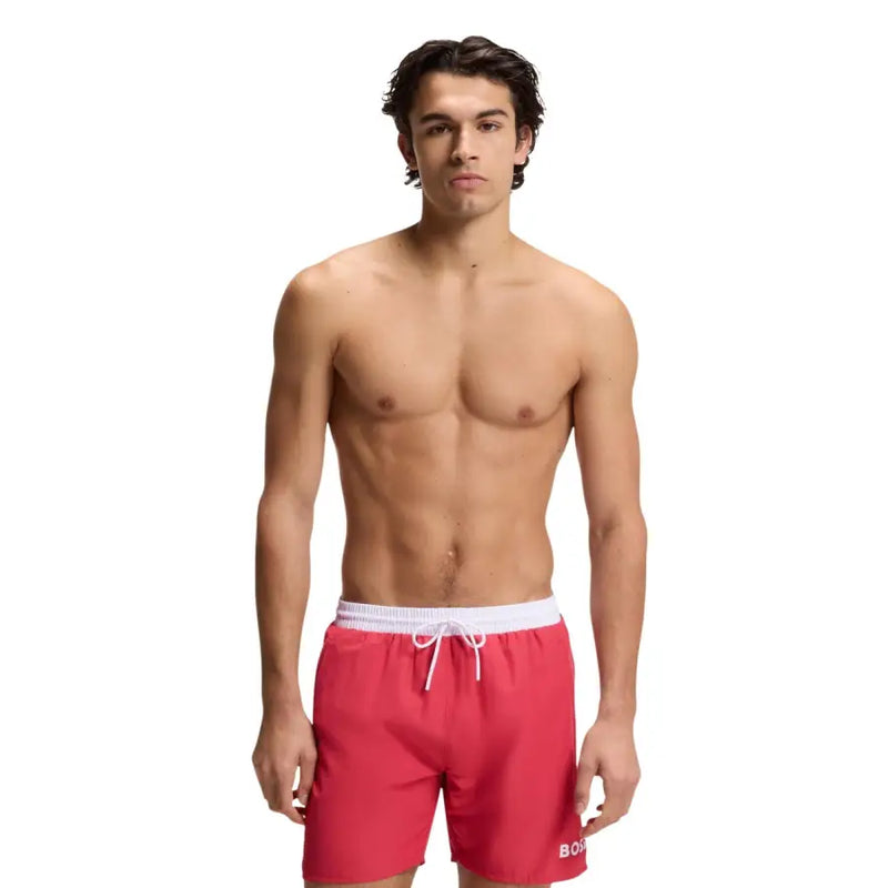 Red Boss men swimwear swim trunks with white elastic waistband drawstring and boss logo on lower right leg