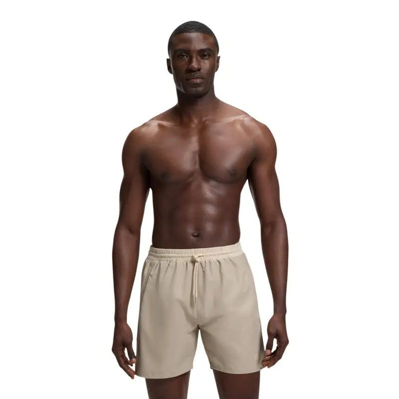 Short de bain homme Beige Boss, style athlétique, avec taille élastique à cordon de serrage, en polyester et poches.