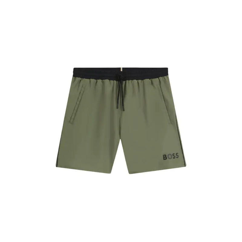 Short de bain homme vert olive en polyester avec ceinture élastique noire, poches à cordon et bandes latérales