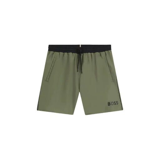 Olive green boss men swimwear shorts in polyester with black elastic waistband drawstring pockets and side stripes