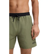 Maillot de bain homme Boss, short de bain vert olive en polyester avec ceinture élastique noire à cordon de serrage et logo Boss brodé