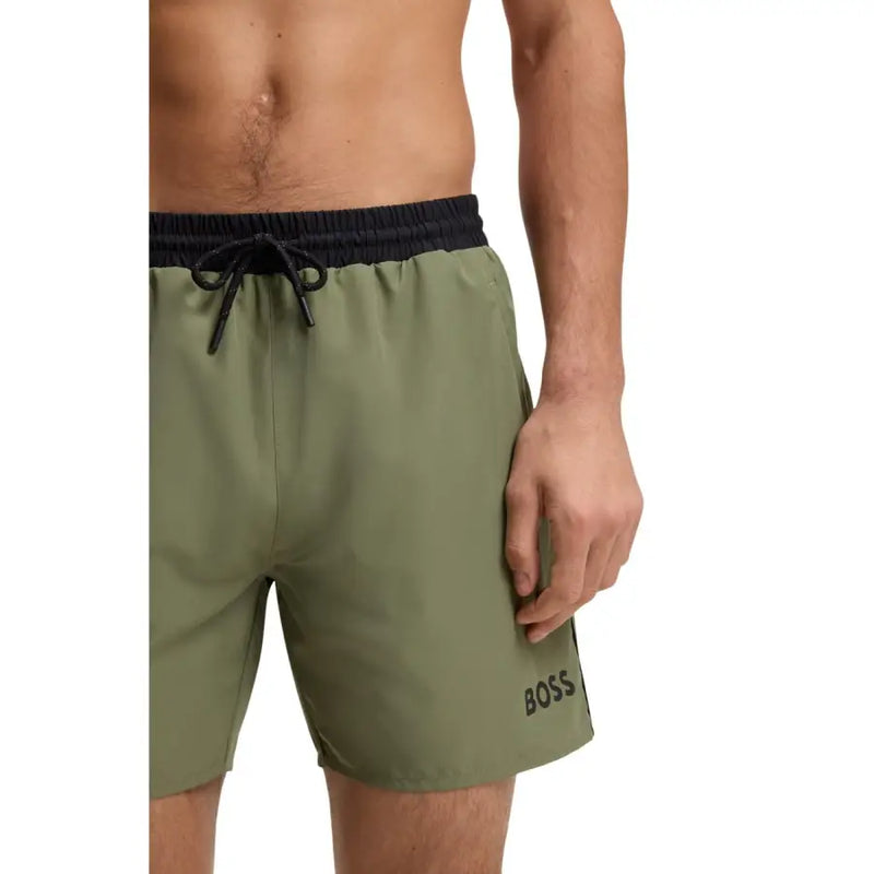 Maillot de bain homme Boss, short de bain vert olive en polyester avec ceinture élastique noire à cordon de serrage et logo Boss brodé