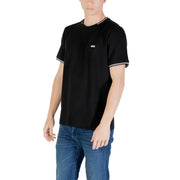 Black Boss men t-shirt with white collar and sleeve trim featuring embroidered boss logo on left chest