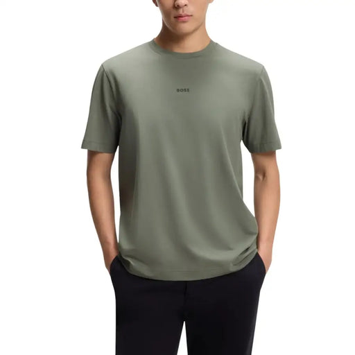 Olive green boss men short-sleeved crew neck t-shirt with subtle embroidered logo on left chest