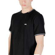 Black boss men t-shirt with white trim on collar and sleeve cuffs in a comfortable cotton fabric