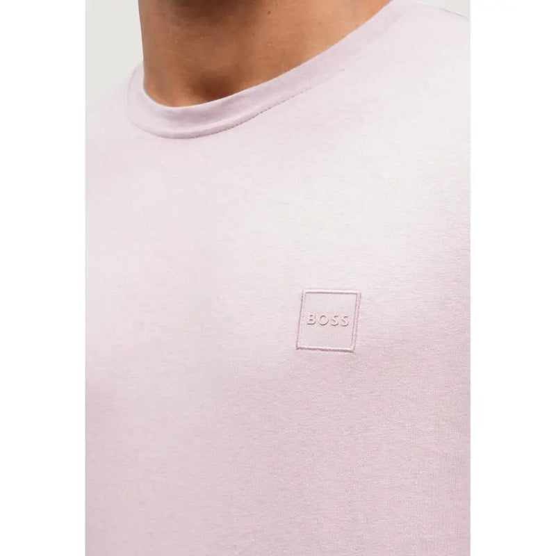 Boss men t-shirt soft pink textured cotton crewneck with subtle embroidered boss logo in matching thread