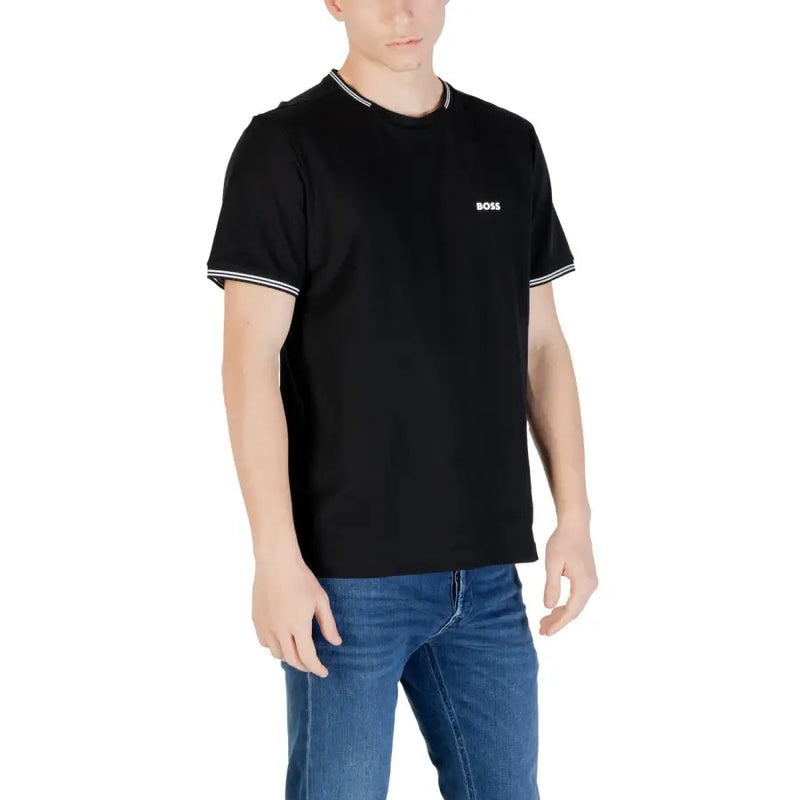 Black boss men t-shirt with white trim on collar and sleeve cuffs in soft breathable fabric for casual wear