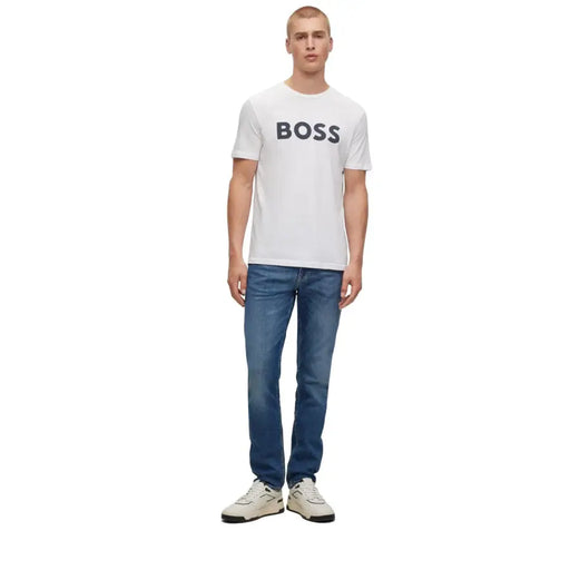 White boss men t-shirt with black logo lettering made of soft cotton for casual wear