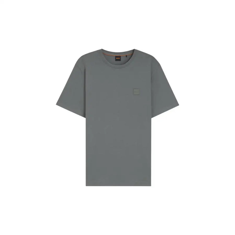 Boss men t-shirt in minimalist gray with short sleeves, subtle logo patch on chest, and branded collar tag
