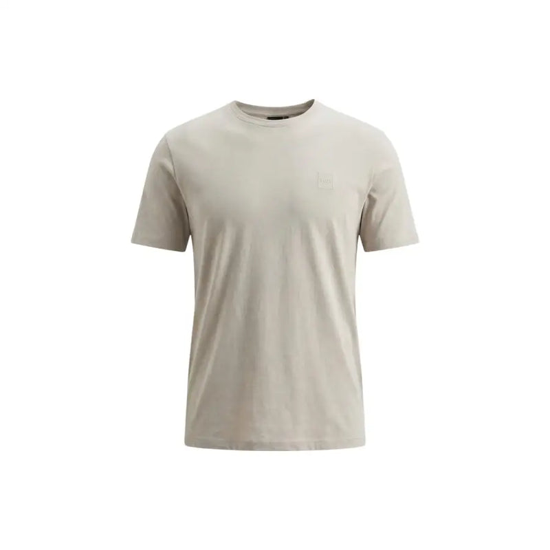 T-shirt beige pour homme, style « boss », col rond, manches courtes, en coton, avec logo brodé discret sur la poitrine gauche.