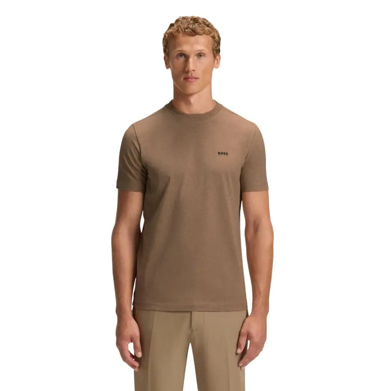 Boss men t shirt beige short-sleeved cotton stretch with subtle boss logo embroidered on left chest