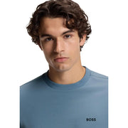 Boss men t shirt light blue cotton stretch crew neck sweatshirt with subtle ribbed collar and embroidered logo