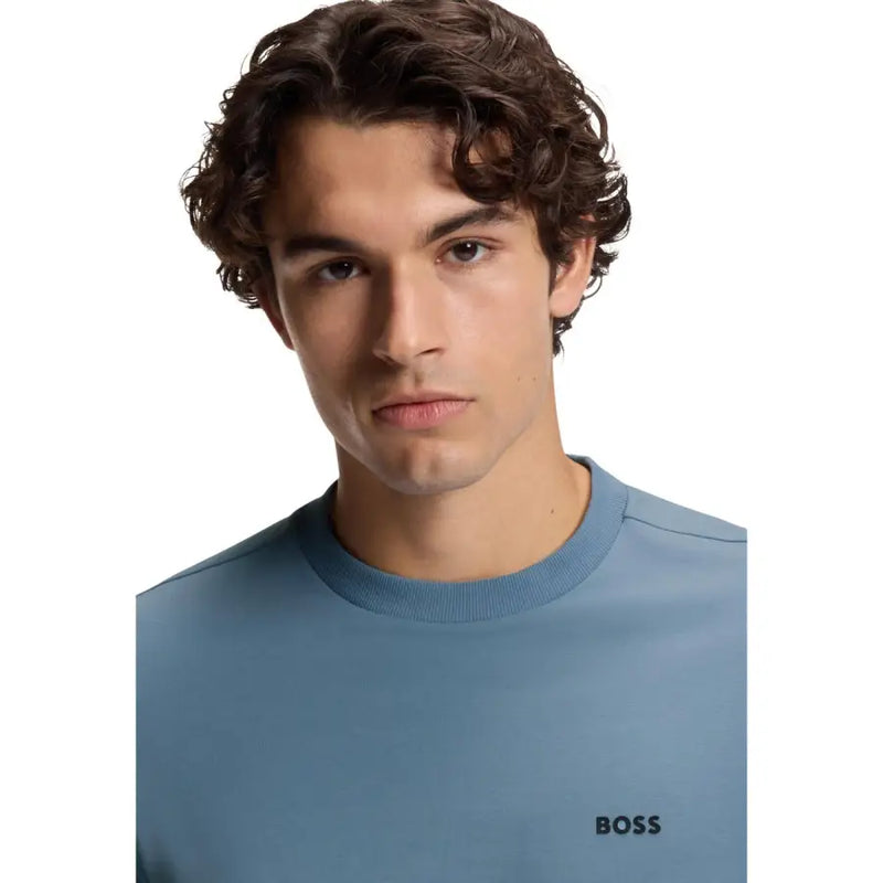 Boss men t shirt light blue cotton stretch crew neck sweatshirt with subtle ribbed collar and embroidered logo