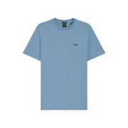 A light blue Boss men t shirt made of cotton stretch with subtle embroidered logo and matching collar brand tag