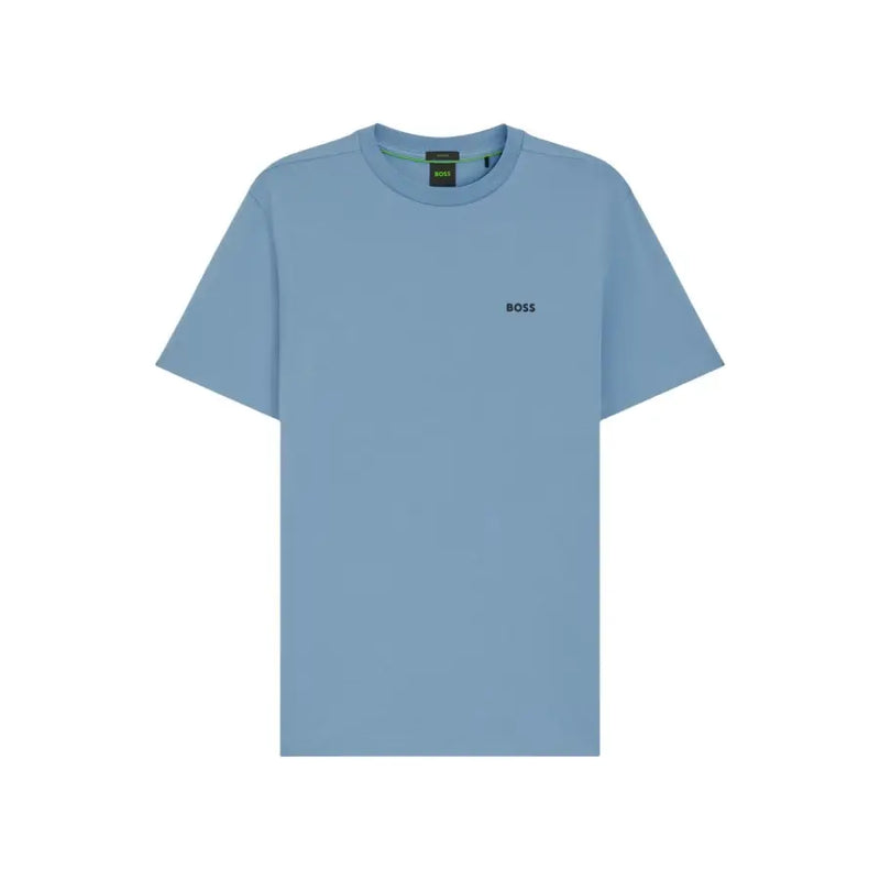 A light blue Boss men t shirt made of cotton stretch with subtle embroidered logo and matching collar brand tag