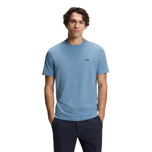 Boss men t shirt light blue cotton stretch with short sleeves and small black boss logo on the left chest