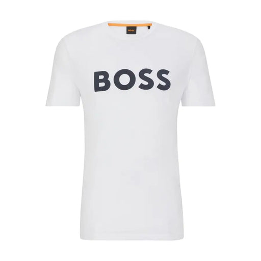 White boss men t-shirt with bold black boss lettering across the chest and an orange tag at the collar